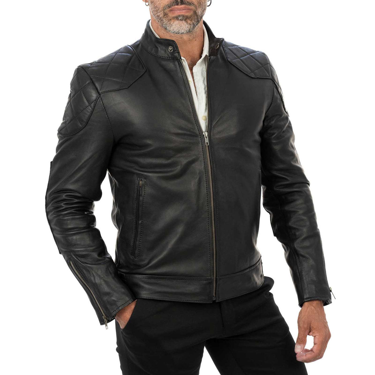Men's Slim Fit Black Genuine Leather Biker Jacket with Diamond Quilting on Shoulders and Elbows Rindway