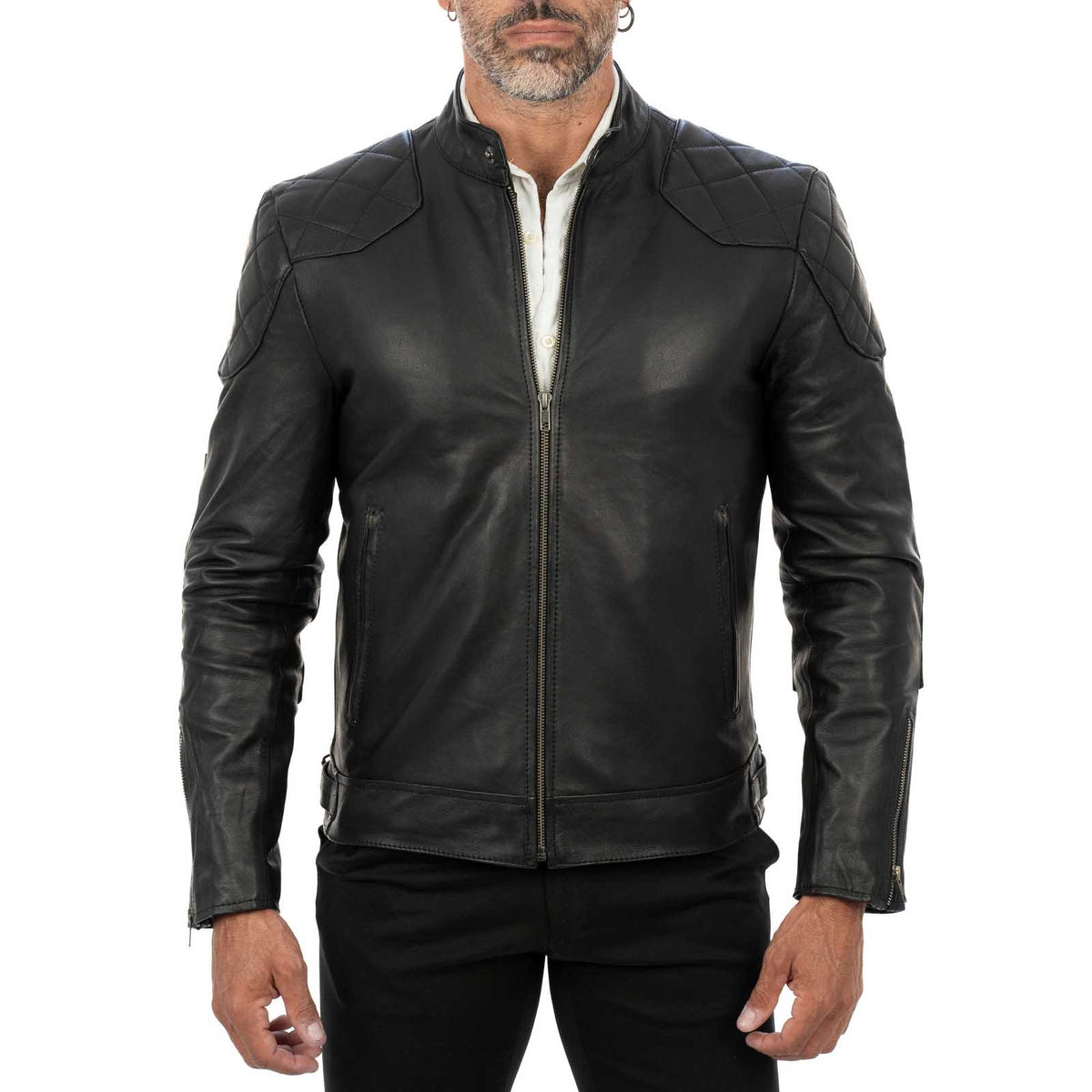 Men's Slim Fit Black Genuine Leather Biker Jacket with Diamond Quilting on Shoulders and Elbows Rindway