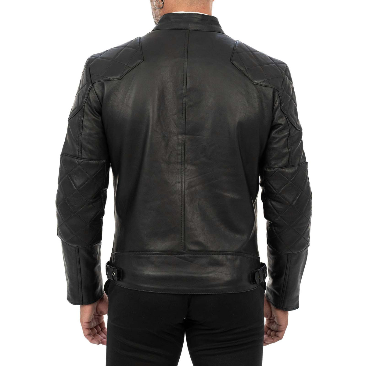 Men's Slim Fit Black Genuine Leather Biker Jacket with Diamond Quilting on Shoulders and Elbows Rindway