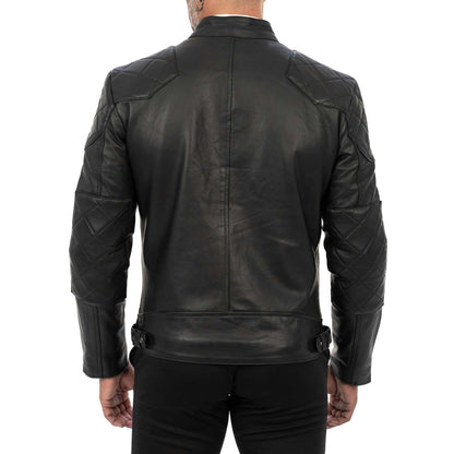 Men's Slim Fit Black Genuine Leather Biker Jacket with Diamond Quilting on Shoulders and Elbows Rindway