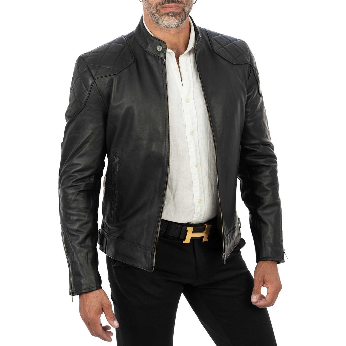 Men's Slim Fit Black Genuine Leather Biker Jacket with Diamond Quilting on Shoulders and Elbows Rindway