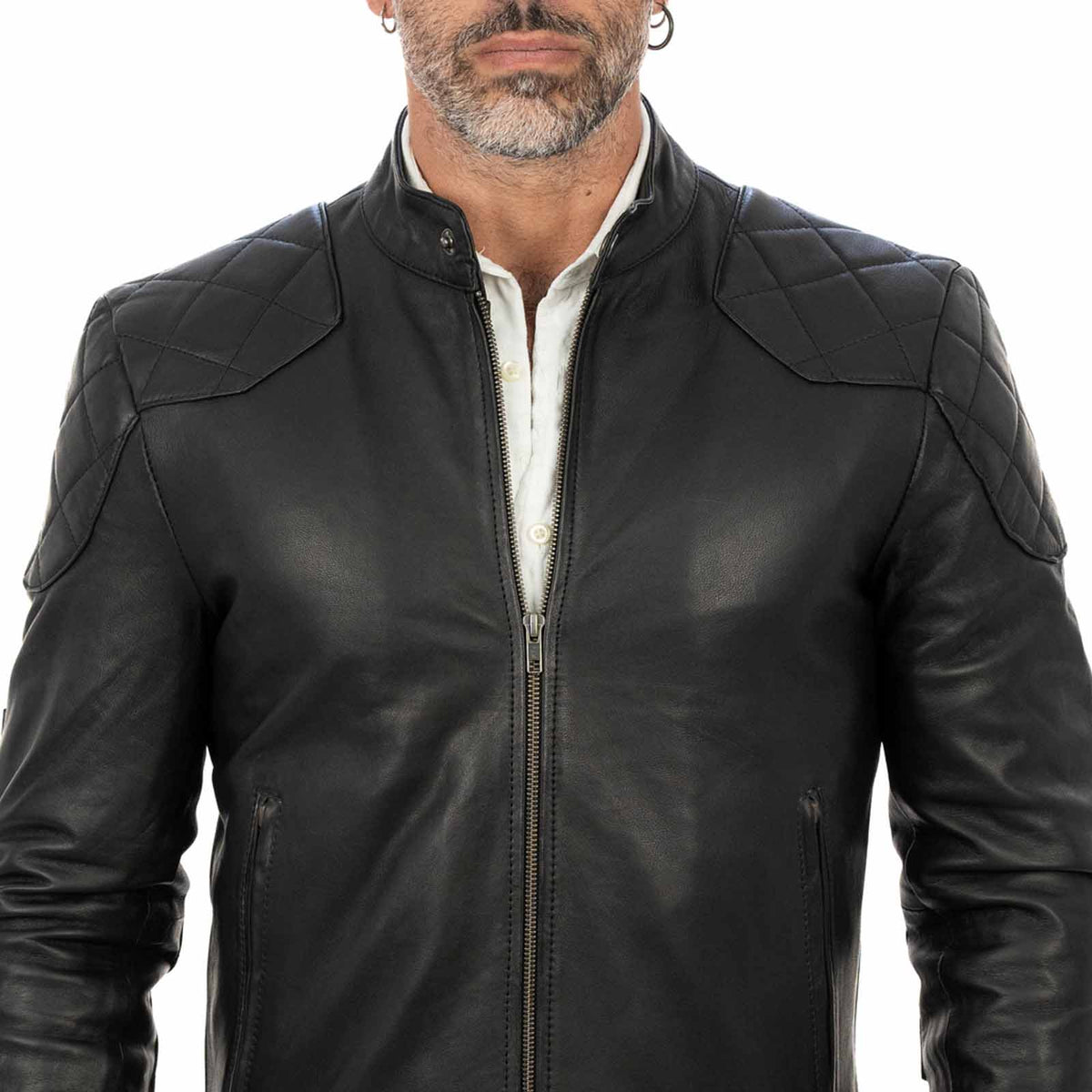 Men's Slim Fit Black Genuine Leather Biker Jacket with Diamond Quilting on Shoulders and Elbows Rindway