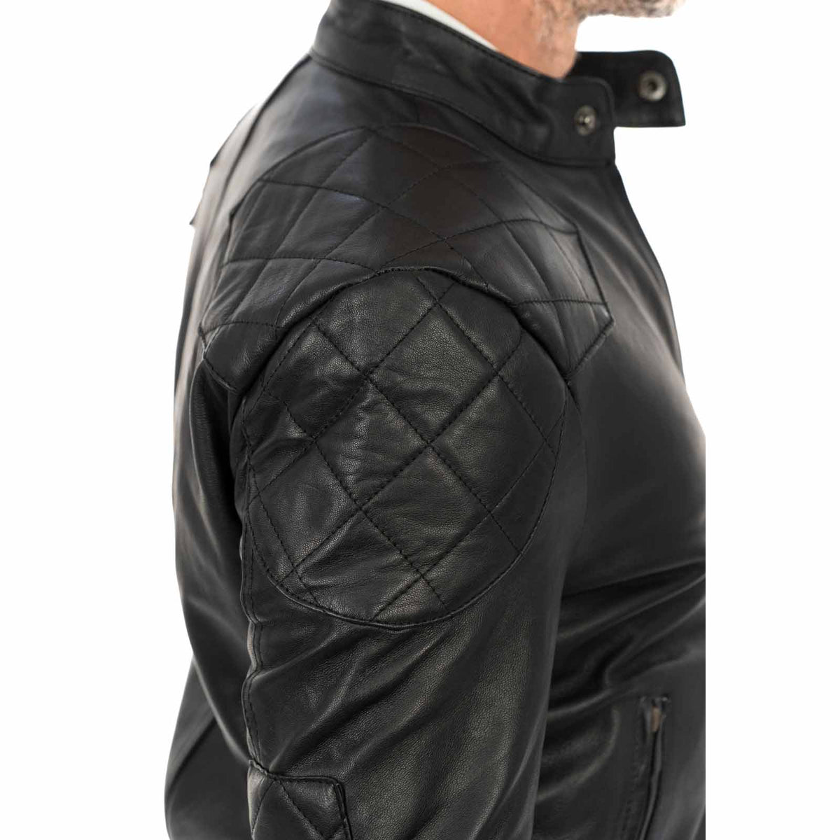 Men's Slim Fit Black Genuine Leather Biker Jacket with Diamond Quilting on Shoulders and Elbows Rindway