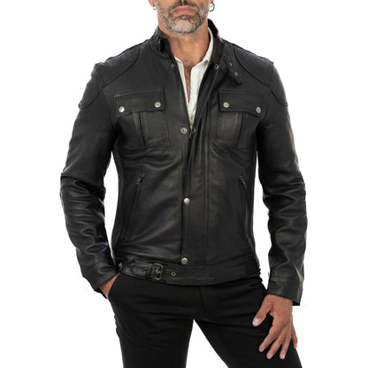 Men's Black Genuine Leather Slim Biker Jacket Zip Fastening and Storm Flap Rindway