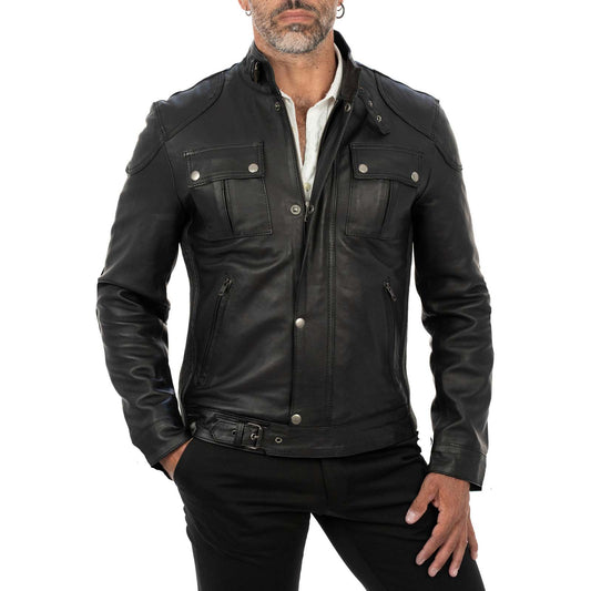 Men's Black Genuine Leather Slim Biker Jacket Zip Fastening and Storm Flap Rindway