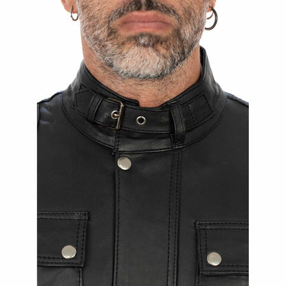 Men's Black Genuine Leather Slim Biker Jacket Zip Fastening and Storm Flap Rindway