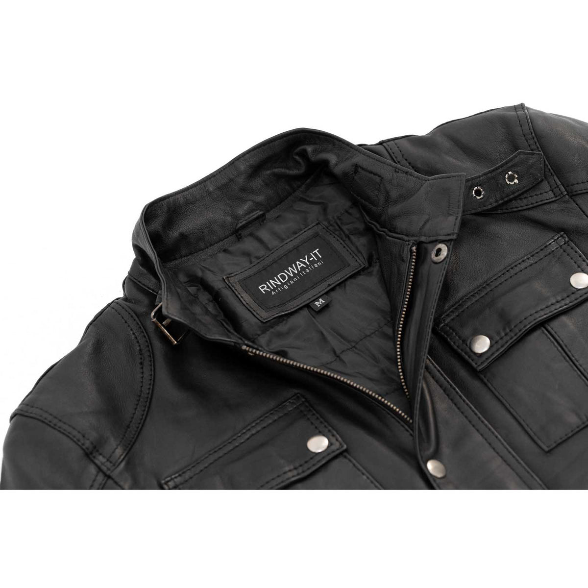 Men's Black Genuine Leather Slim Biker Jacket Zip Fastening and Storm Flap Rindway