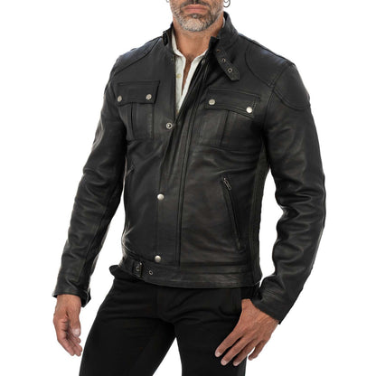Men's Black Genuine Leather Slim Biker Jacket Zip Fastening and Storm Flap Rindway