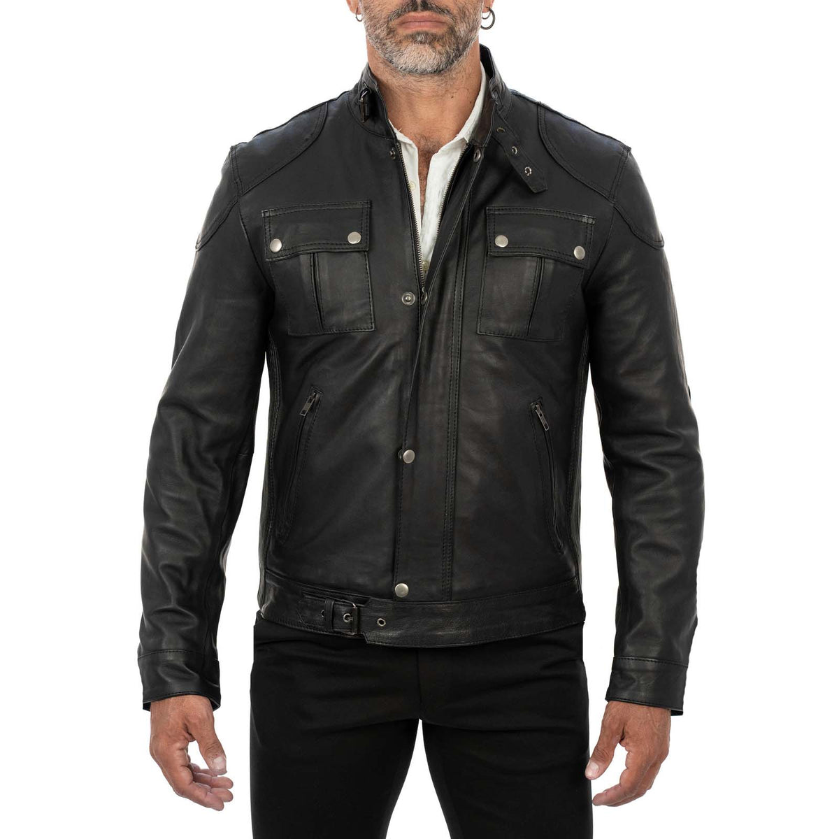 Men's Black Genuine Leather Slim Biker Jacket Zip Fastening and Storm Flap Rindway