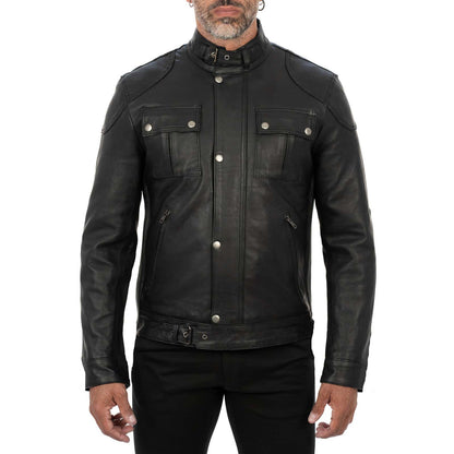 Men's Black Genuine Leather Slim Biker Jacket Zip Fastening and Storm Flap Rindway