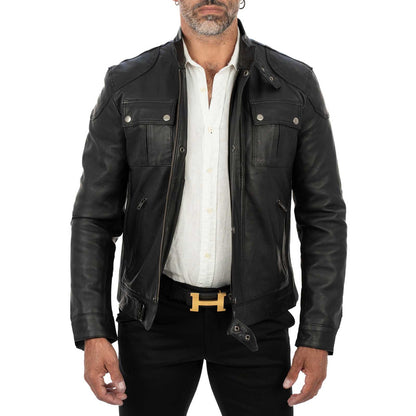 Men's Black Genuine Leather Slim Biker Jacket Zip Fastening and Storm Flap Rindway