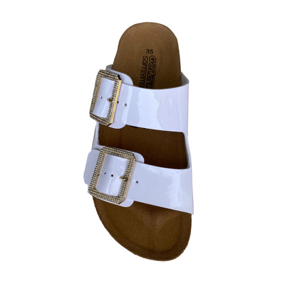 Goldstar ciabatta da donna sottopiede in pelle con 2 fibbie con strass GS31801QS bianco