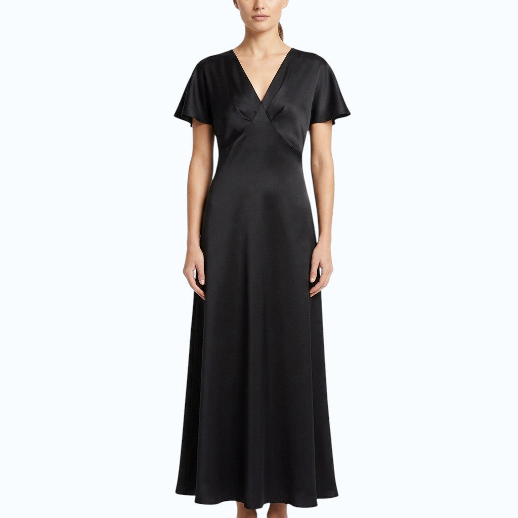 Griffai Abito Lungo Donna Raso Scollo V Nero - DGP7962