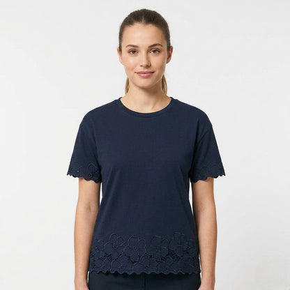 Griffai T-Shirt Donna Manica Corta Traforata Ricamo Fiori Blu - DGP8032