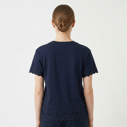 Griffai T-Shirt Donna Manica Corta Traforata Ricamo Fiori Blu - DGP8032
