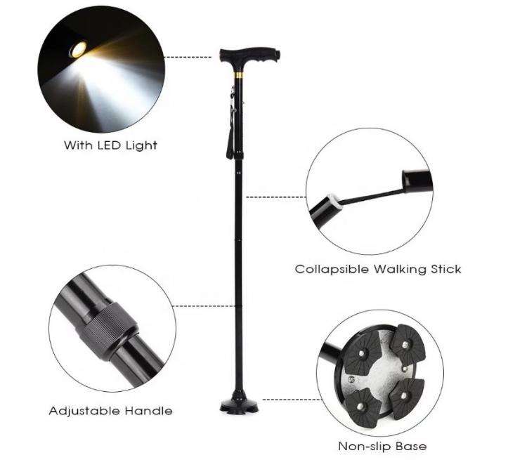 LED-Gehstock für Senioren und Behinderte mit Gummifüßen, höhenverstellbar