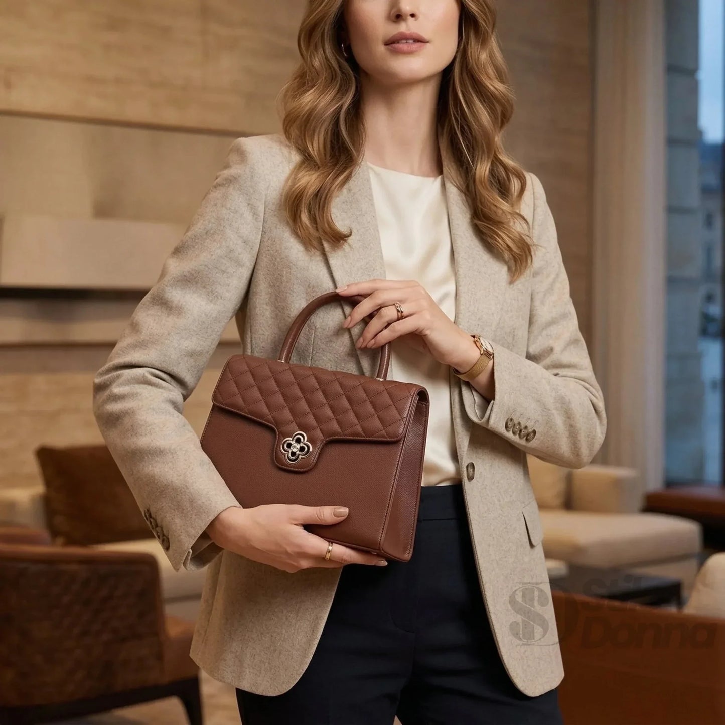 Herisson Firenze Borsa in Ecopelle con Chiusura a Quadrifoglio e Hardware Finitura Color Oro