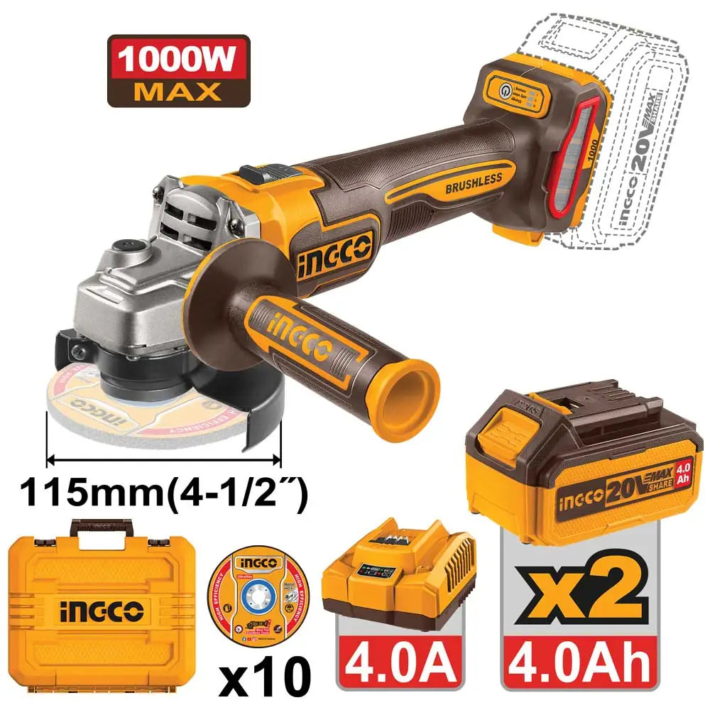 Ingco Akku-Winkelschleifer 115mm 20V 1000W mit 2 x 4.0Ah Akkus, Schnellladegerät und Transportkoffer