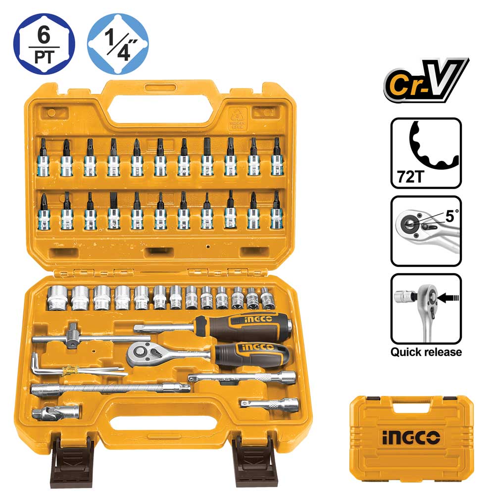 46 Pz. Set Chiavi a Bussola Ingco 1/4P Acciaio Cr-V Cromato