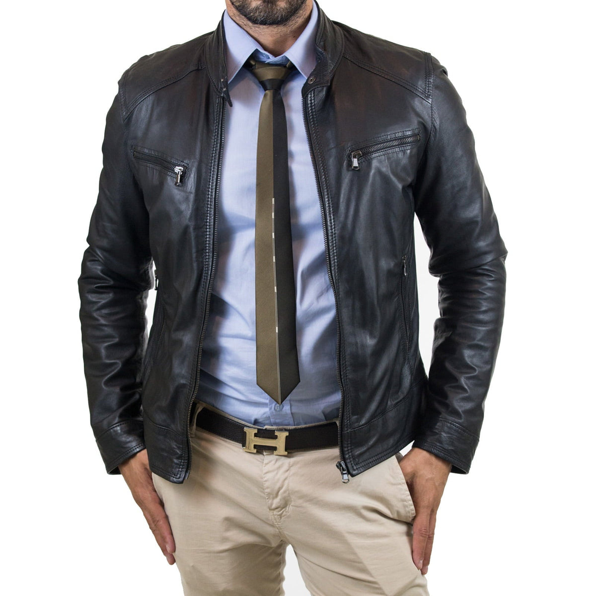 Men's Slim Fit Brown Genuine Leather Biker Jacket Four Pockets Zipper Rindway