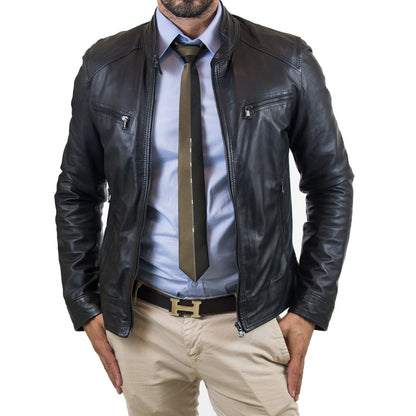 Men's Slim Fit Brown Genuine Leather Biker Jacket Four Pockets Zipper Rindway