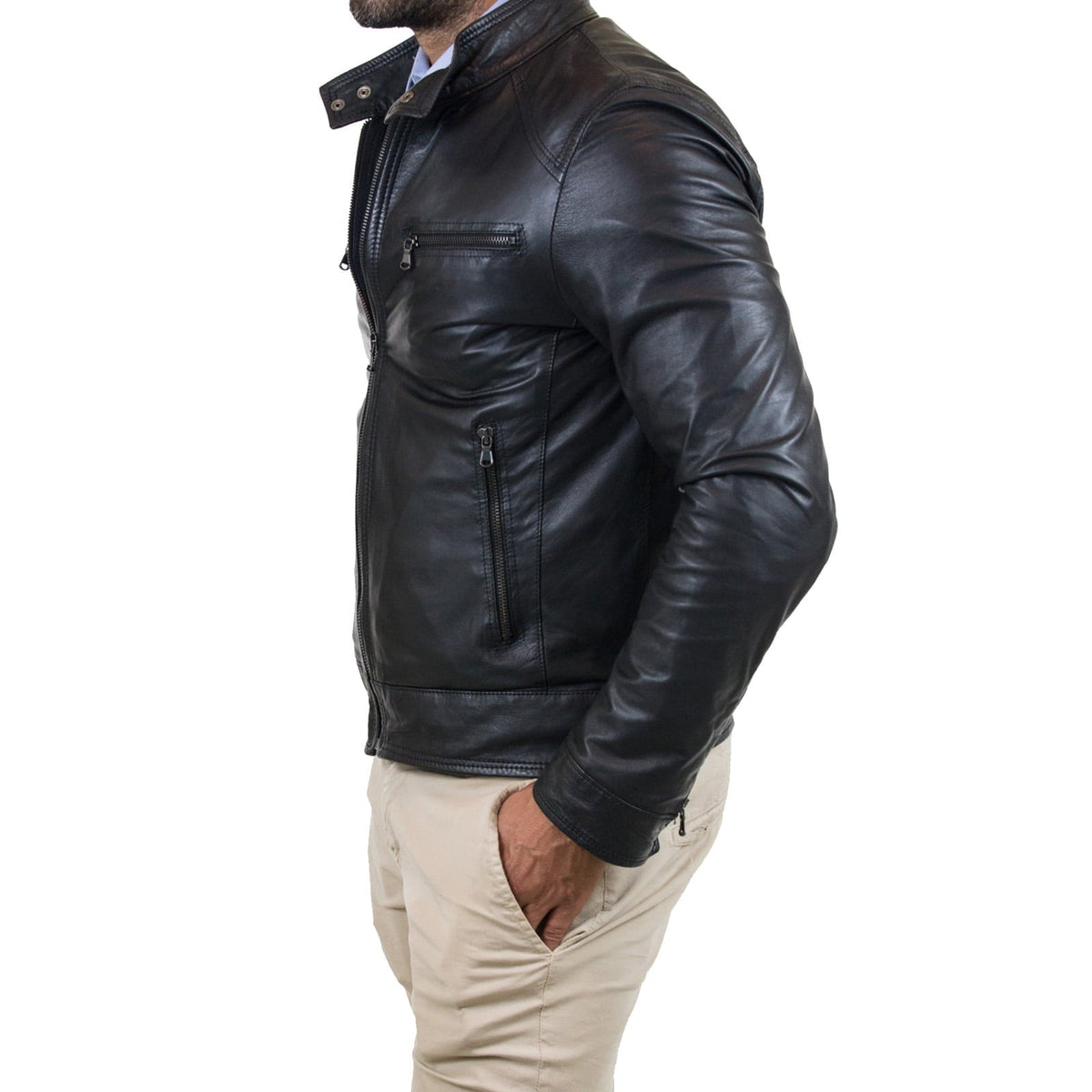Men's Slim Fit Brown Genuine Leather Biker Jacket Four Pockets Zipper Rindway