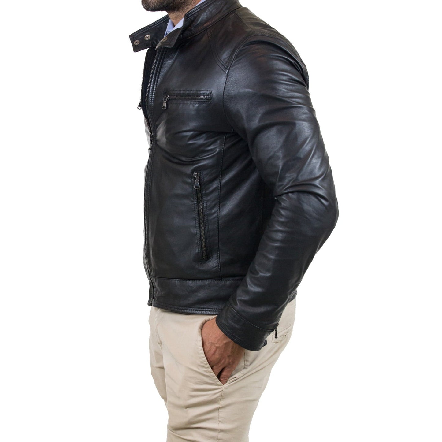 Giacca Biker In Vera Pelle Nero Uomo Slim Quattro Tasche Cerniera Rindway