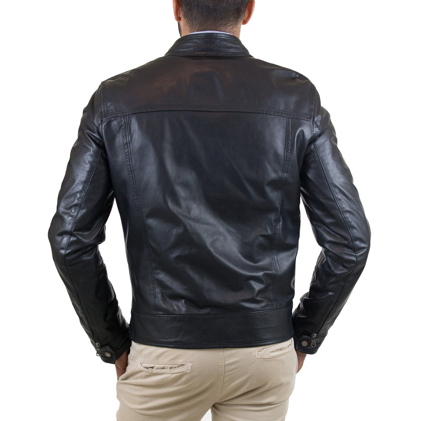 Giacca Biker In Vera Pelle Nero Uomo Slim Quattro Tasche Cerniera Rindway