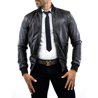 Men's Black Genuine Leather Slim Bomber Jacket with College Collar Rindway
