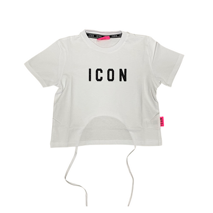 Icon maglietta manica corta da ragazza con logo glitter IGKSS00538 1000 bianco-nero