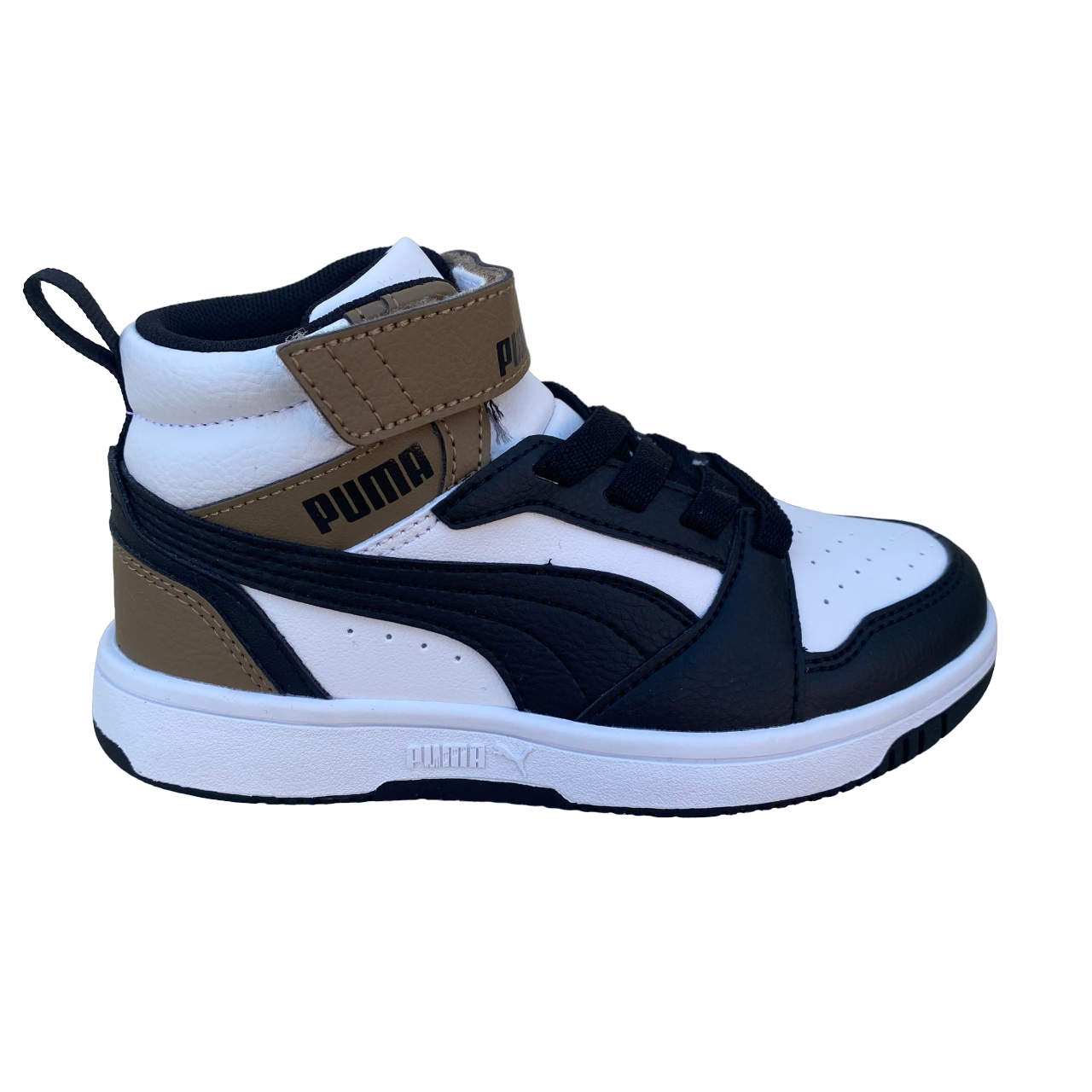 Puma scarpa alta da ragazzi con laccio e strappo Rebound V6 AC+PS 393832-08 bianco-nero-cioccolato