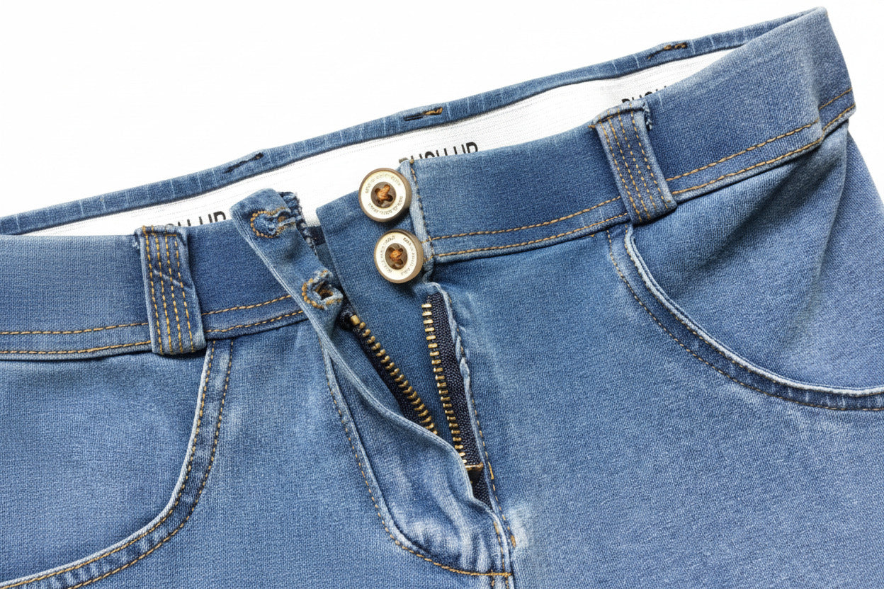 Jeans Donna Elasticizzati Blu Scuro a Vita Alta con Doppio Bottone