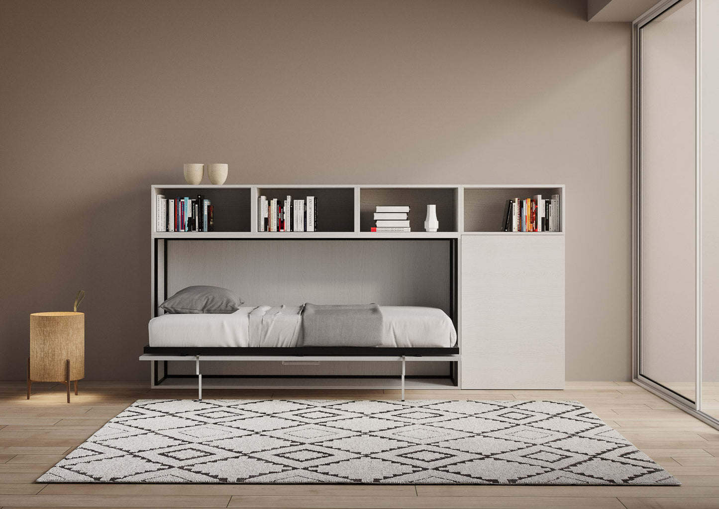 Letto a scomparsa singolo orizzontale Kando con materasso e composizioni disponibili