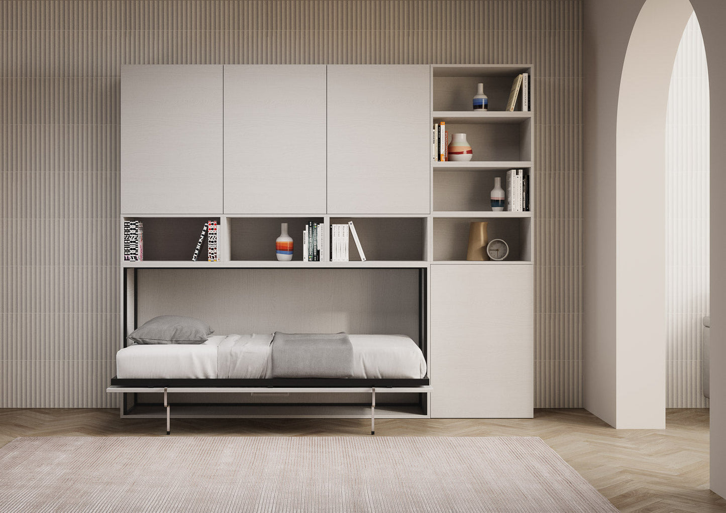 Letto a scomparsa singolo orizzontale Kando con materasso e composizioni disponibili