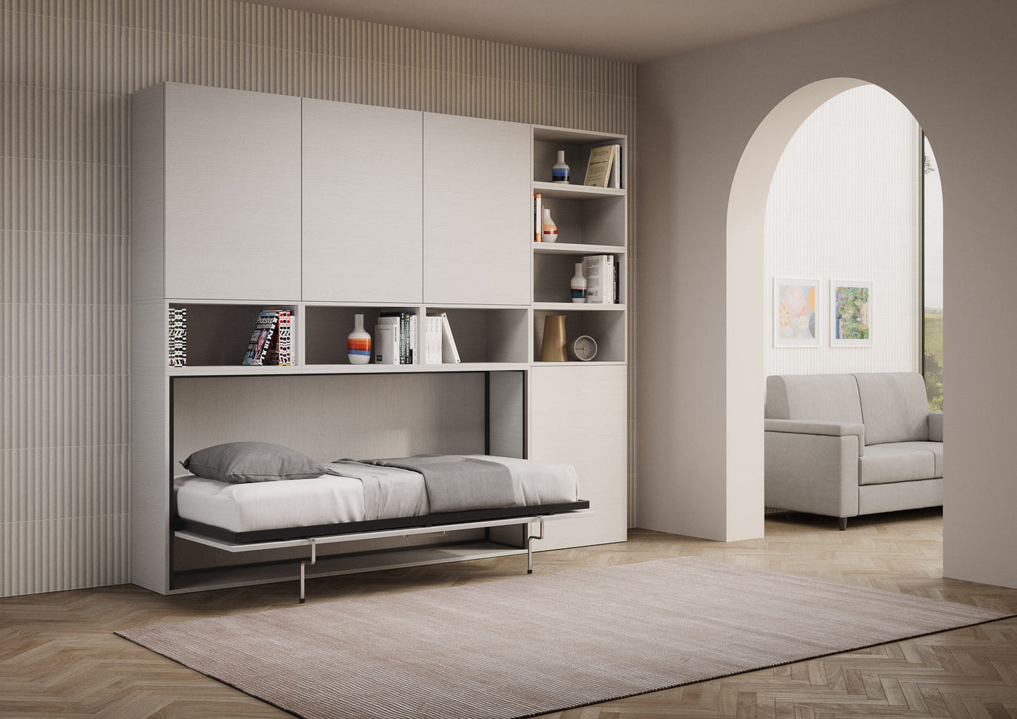 Letto a scomparsa singolo orizzontale Kando con materasso e composizioni disponibili