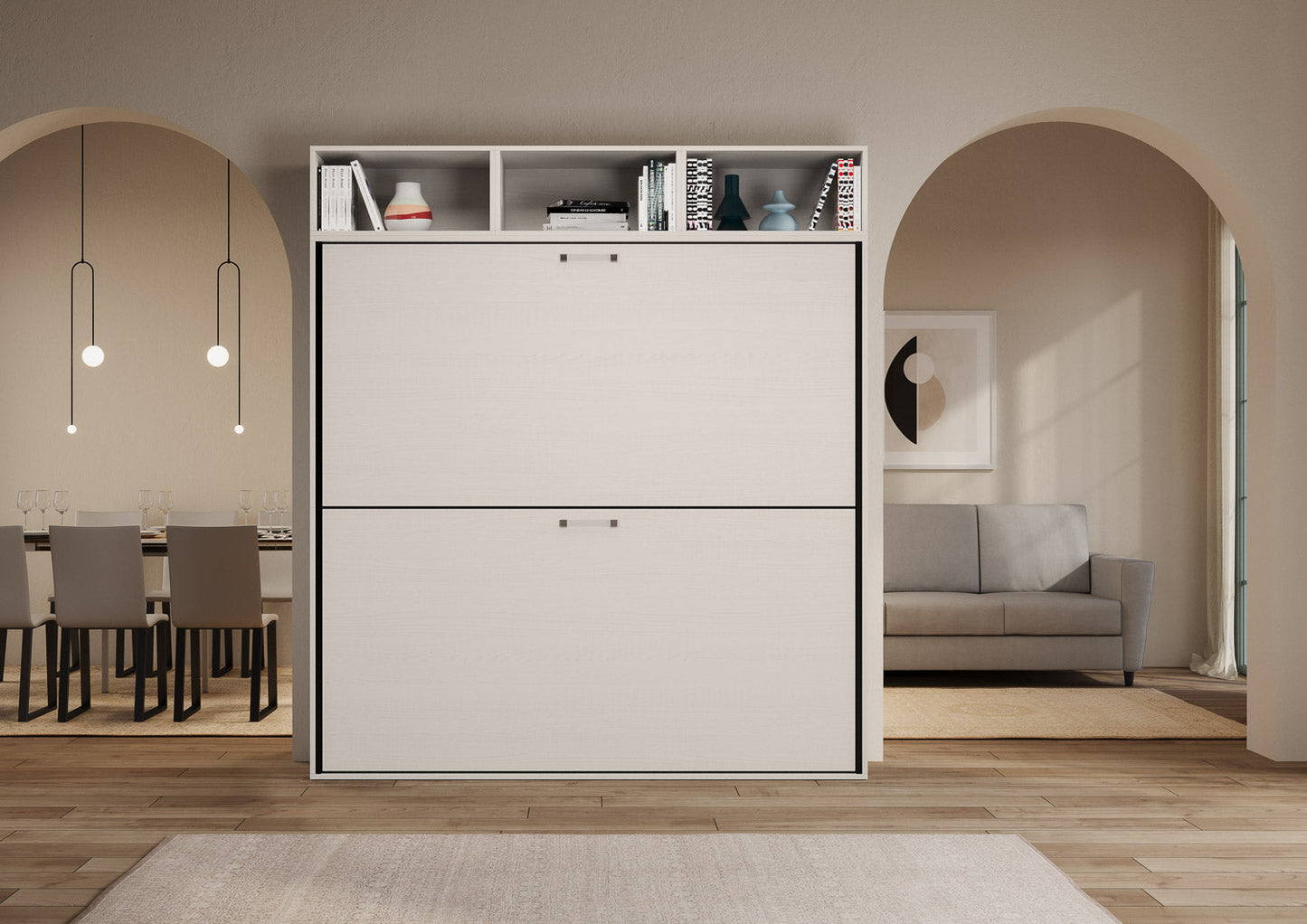 Kando Doppel-Wandbett horizontal mit Matratzen und Kompositionen in Weiß Esche
