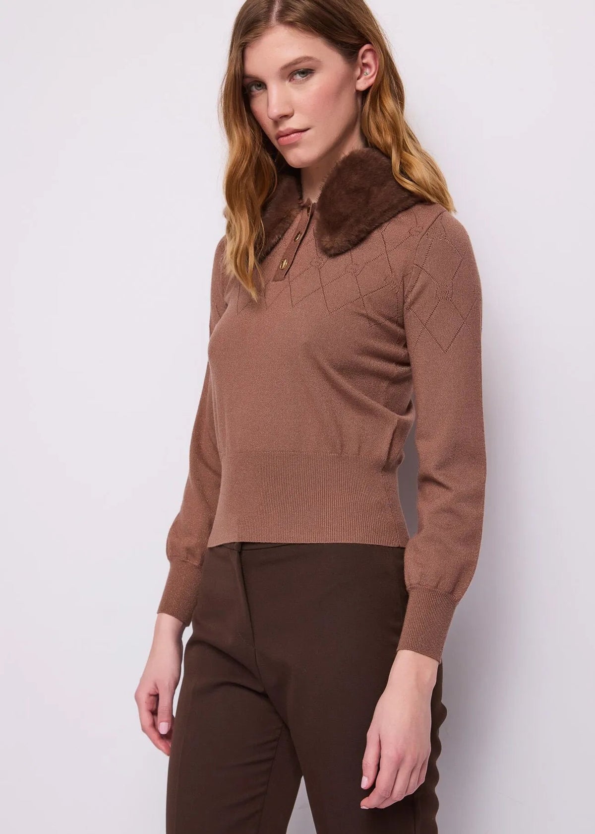 Gaudì Polo donna con collo in pelliccia 621BD53051 marrone
