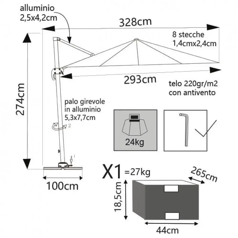 Ombrellone Saturno Bianco P/L 3 x 4 - Dimensioni: m 3 x 4