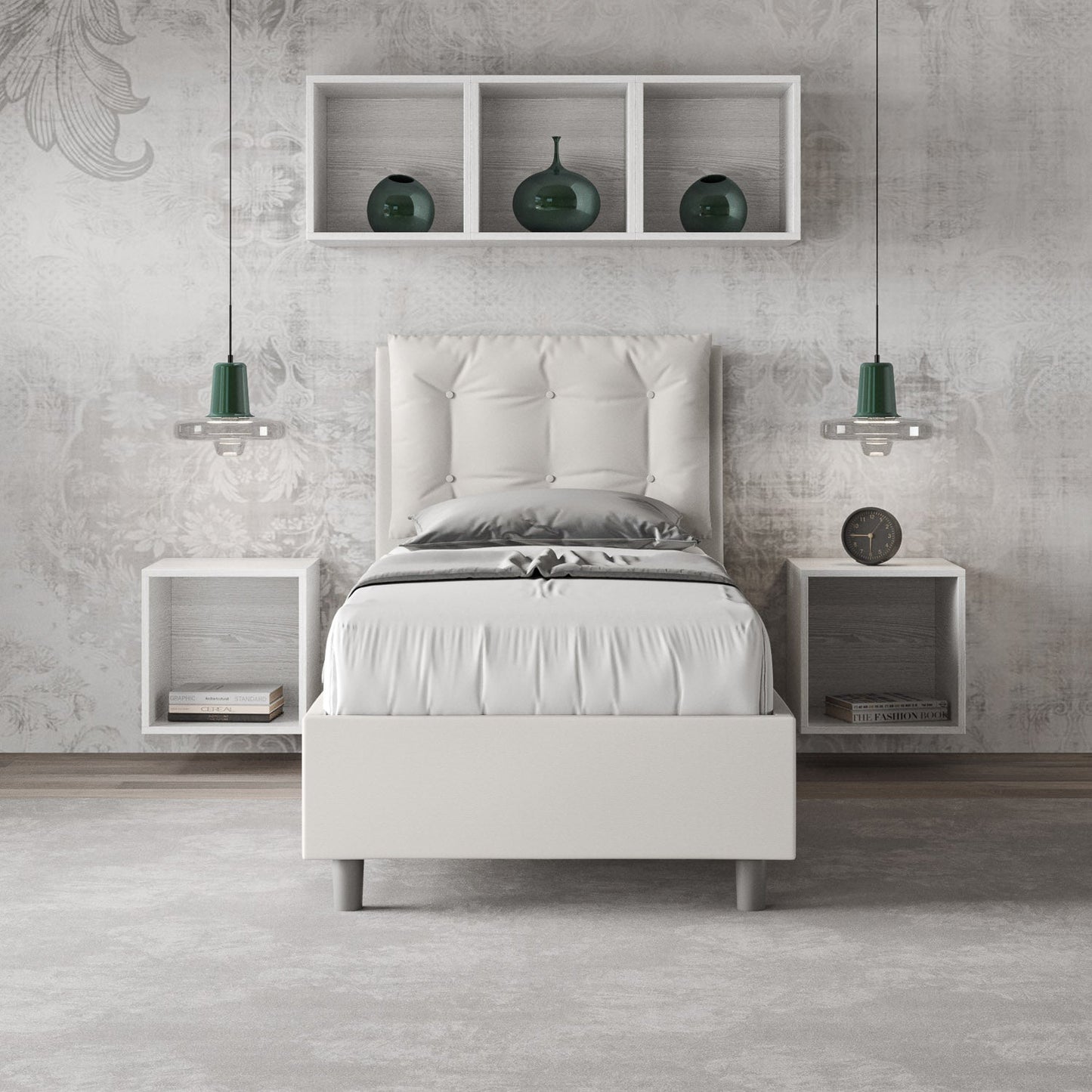 Letto singolo imbottito similpelle Annalisa senza rete, con rete, contenitore
