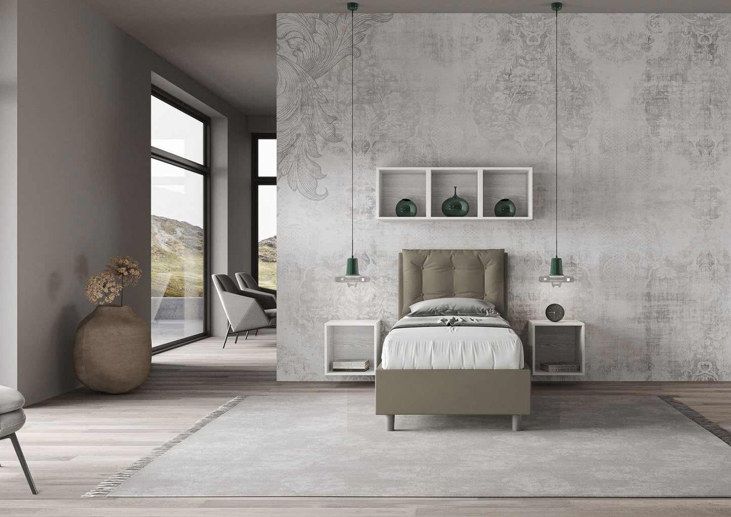 Letto singolo imbottito similpelle Annalisa senza rete, con rete, contenitore