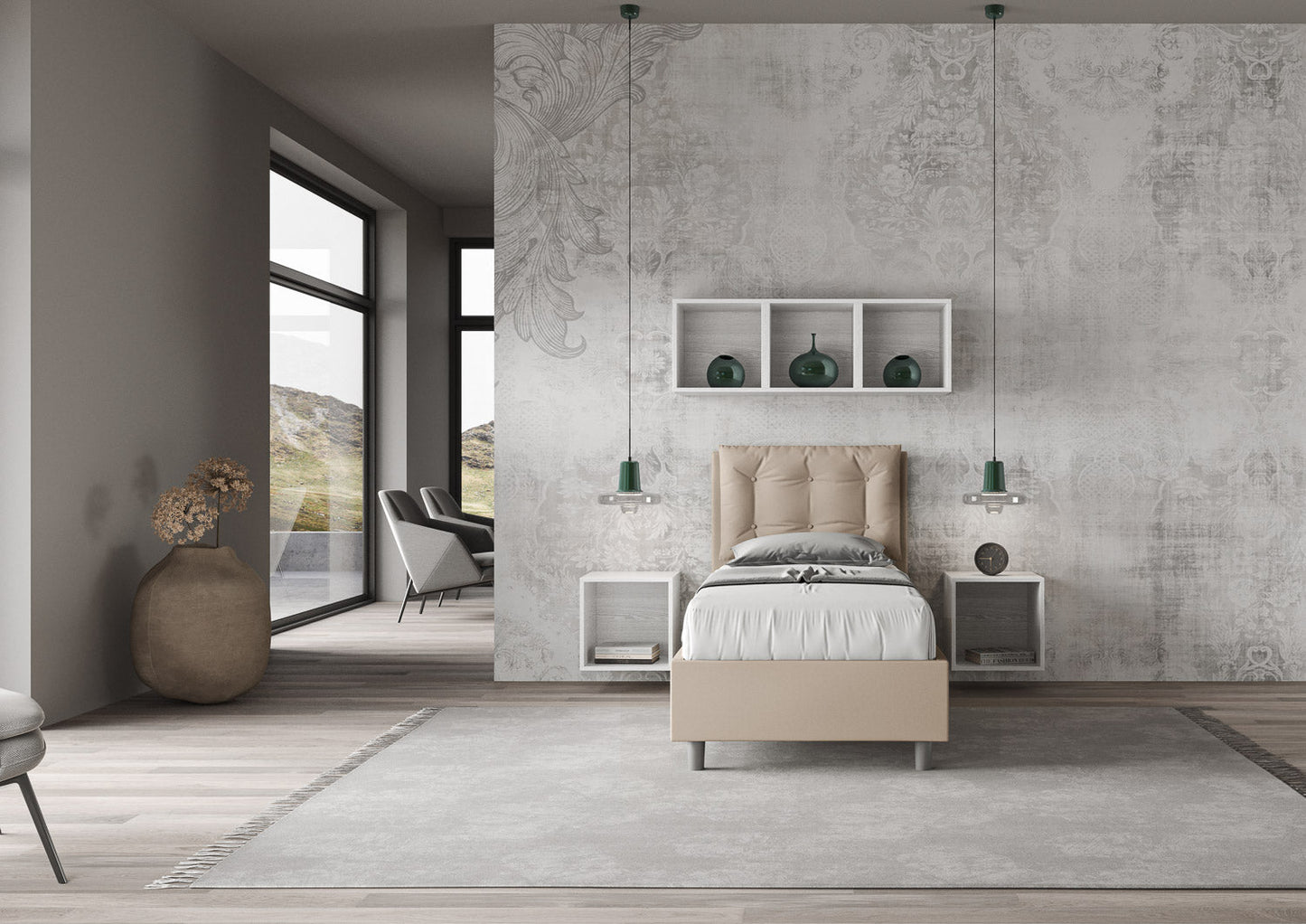 Letto singolo imbottito similpelle Annalisa senza rete, con rete, contenitore