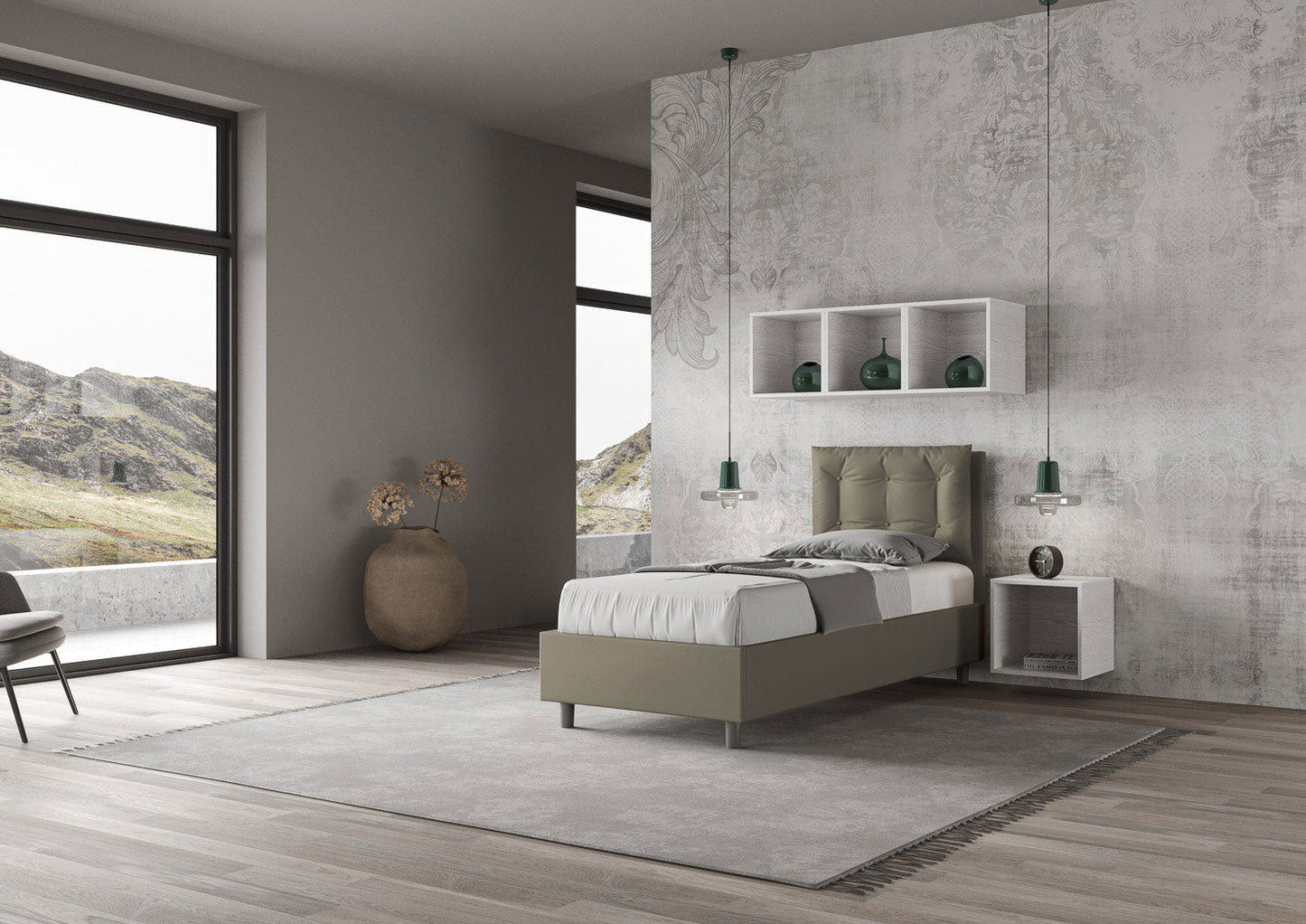 Letto singolo imbottito similpelle Annalisa senza rete, con rete, contenitore