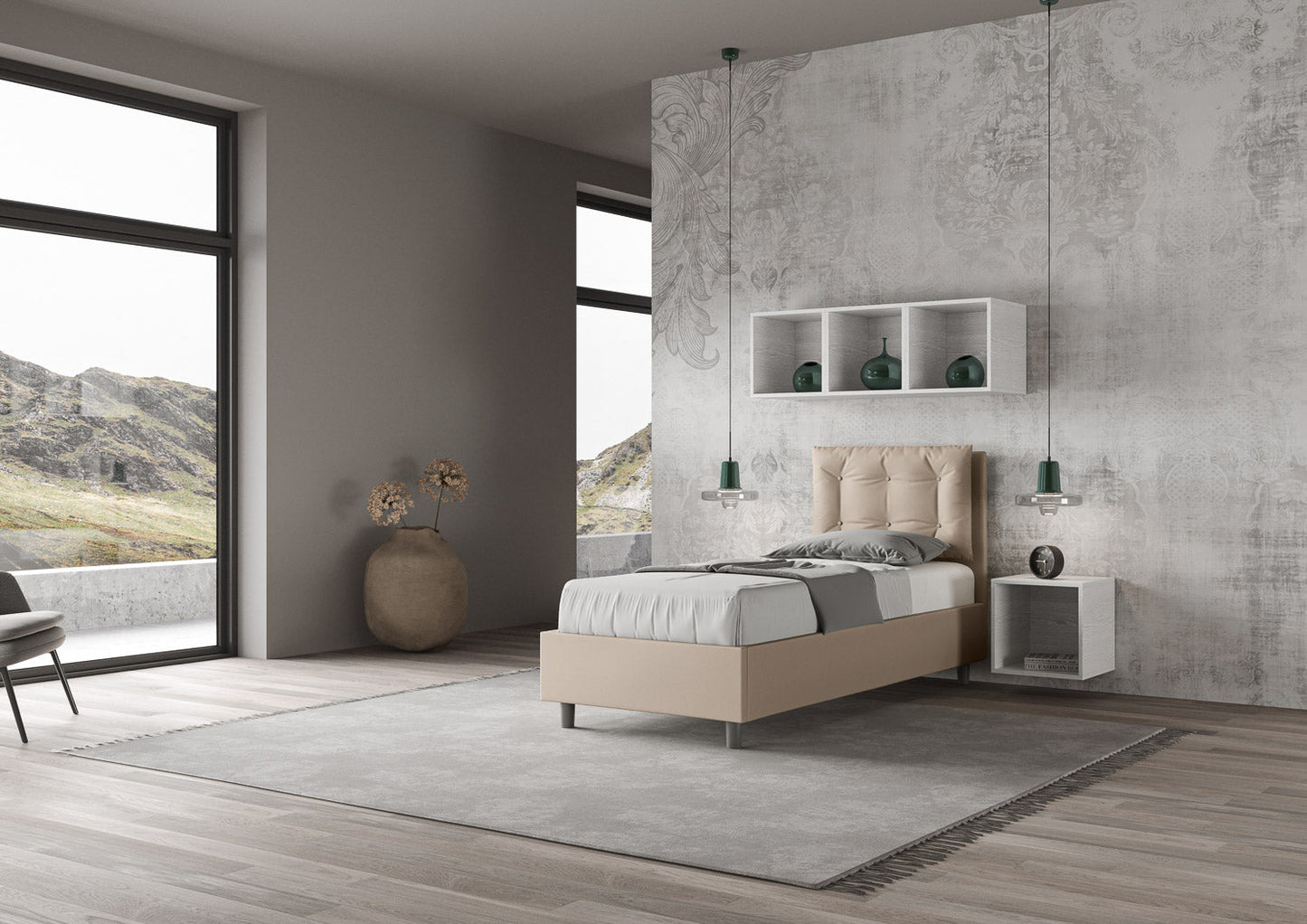 Letto singolo imbottito similpelle Annalisa senza rete, con rete, contenitore