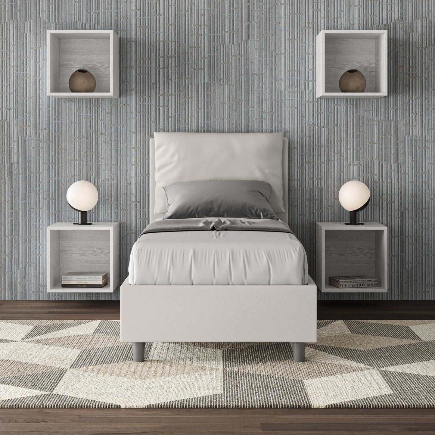 Letto singolo imbottito similpelle Antea senza rete, con rete e contenitore