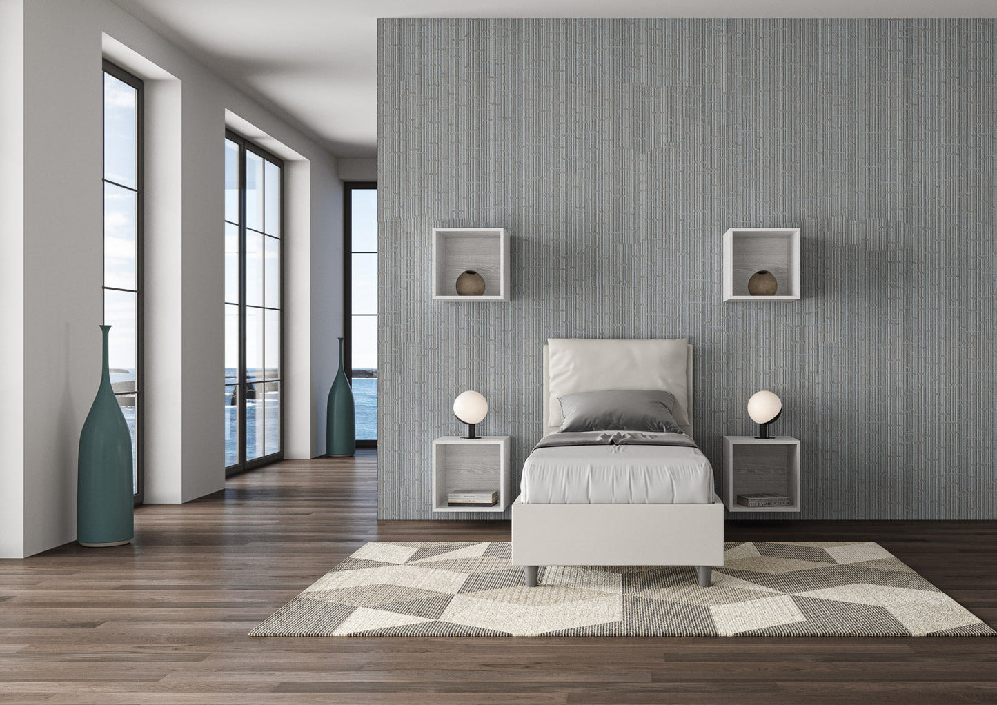 Letto singolo imbottito similpelle Antea senza rete, con rete e contenitore