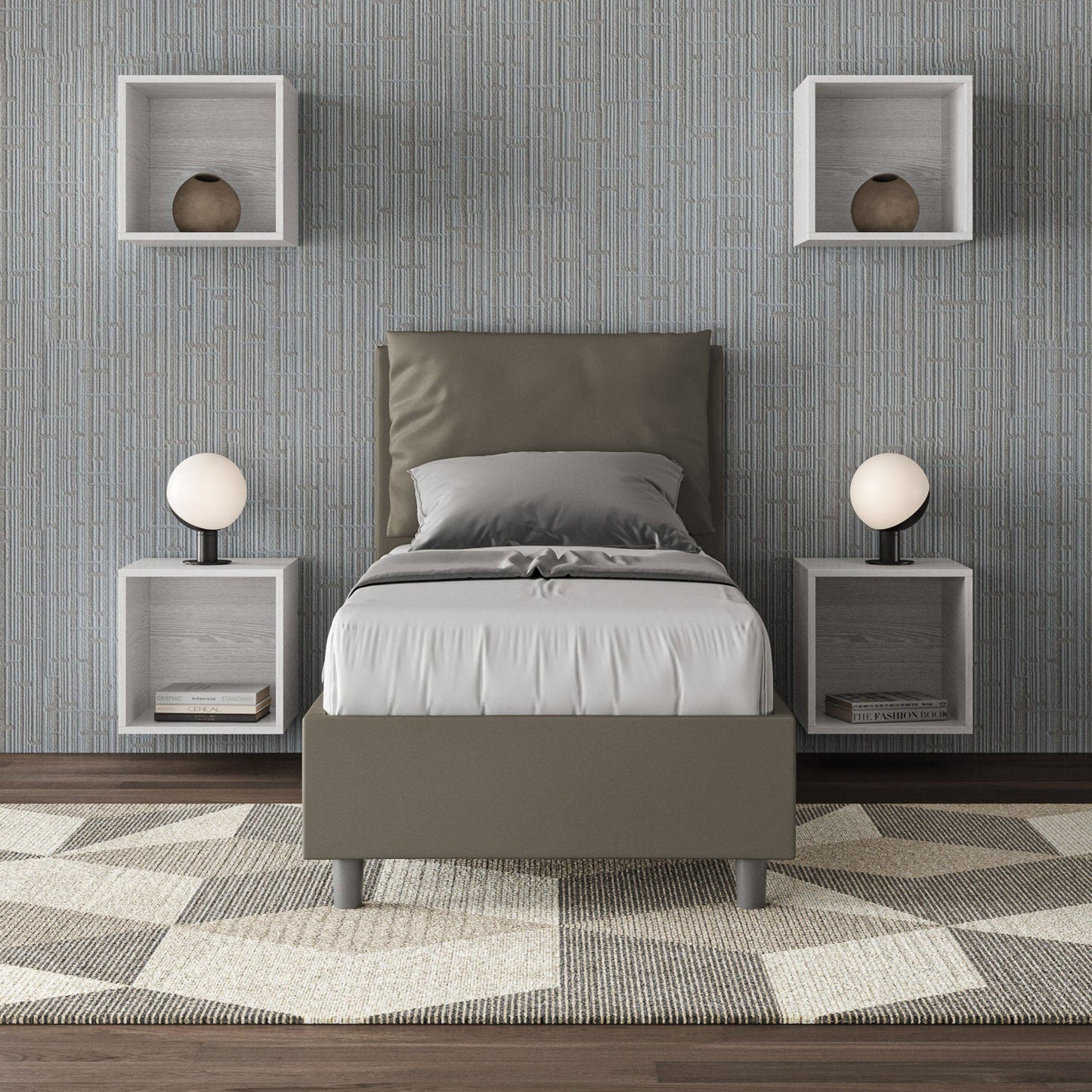 Letto singolo imbottito similpelle Antea senza rete, con rete e contenitore