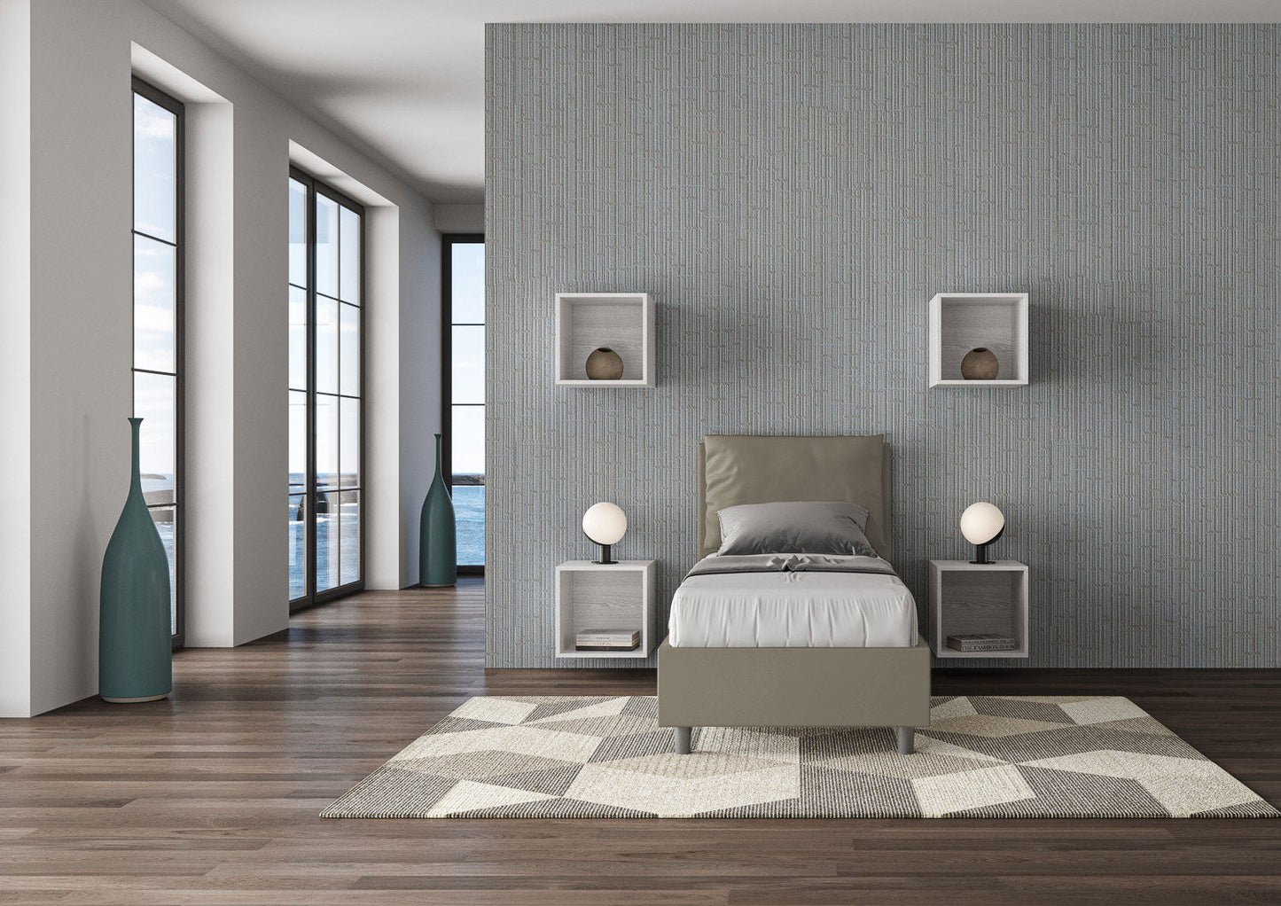 Letto singolo imbottito similpelle Antea senza rete, con rete e contenitore