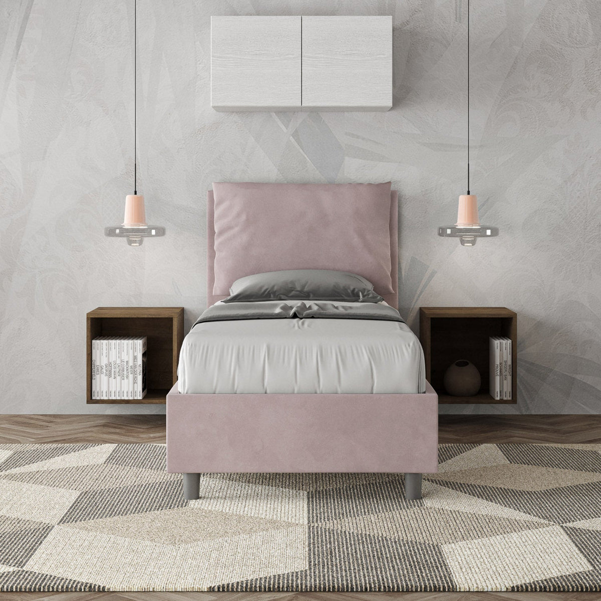 Letto singolo imbottito 80x190 microfibra Antea senza rete, con rete, contenitore