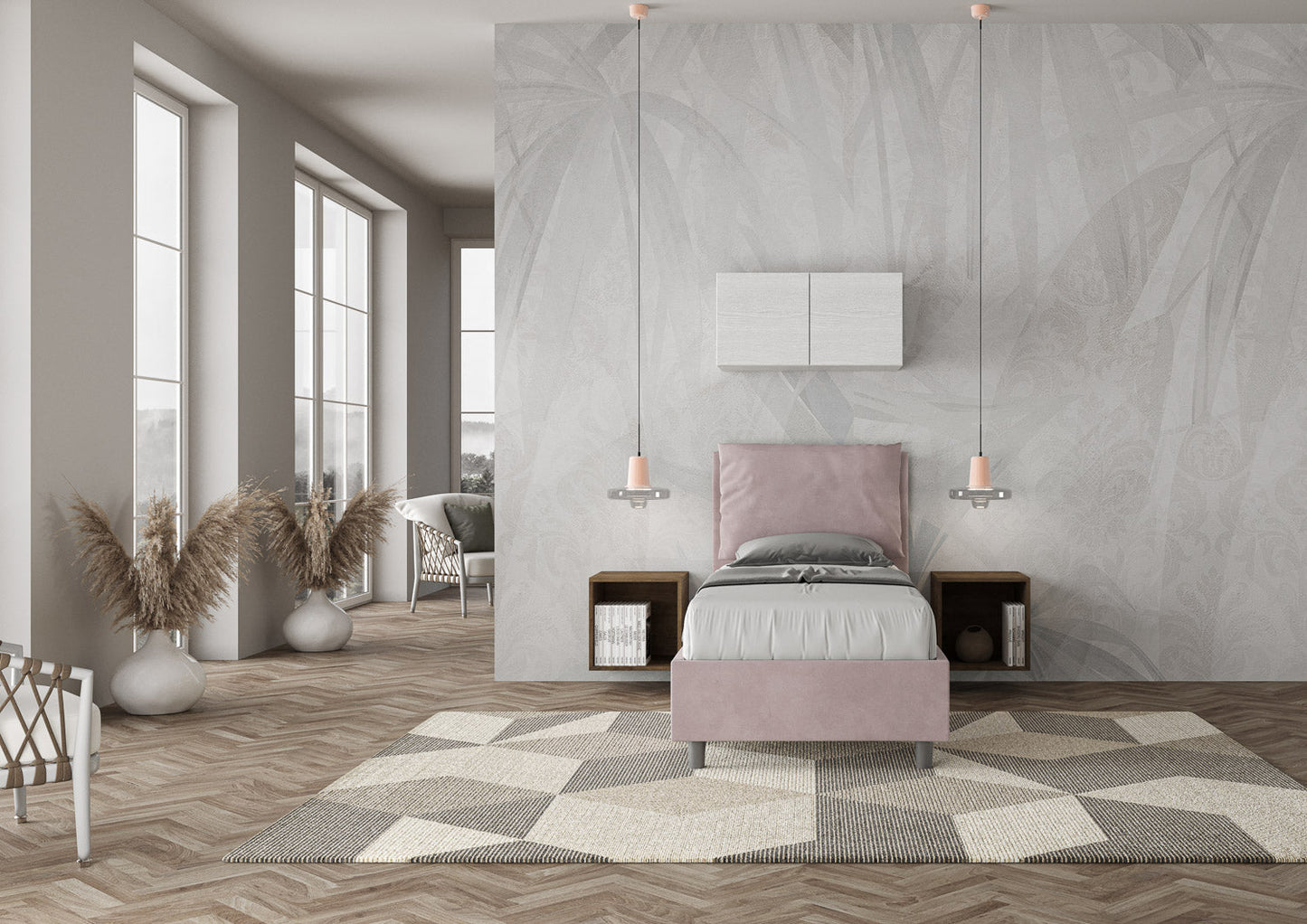 Letto singolo imbottito 80x200 microfibra Antea senza rete, con rete e contenitore
