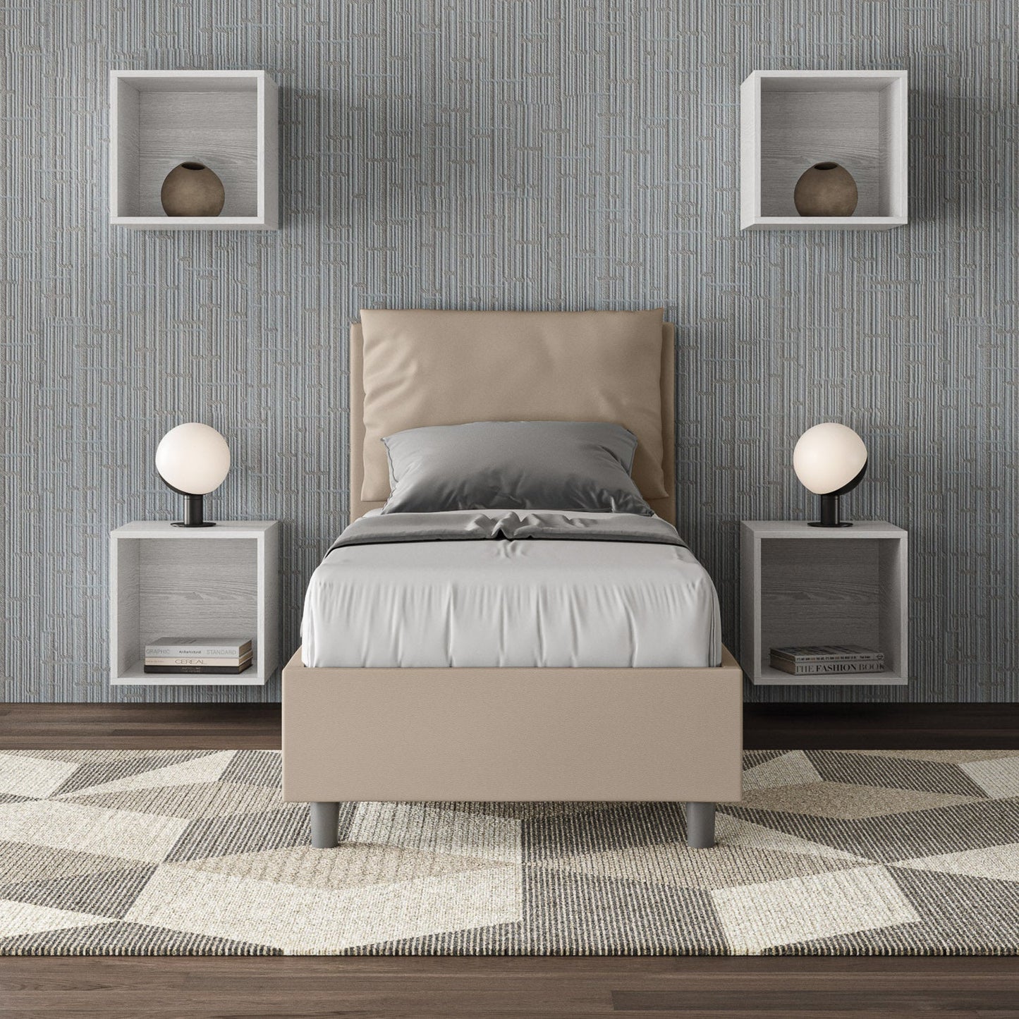 Letto singolo imbottito similpelle Antea senza rete, con rete e contenitore